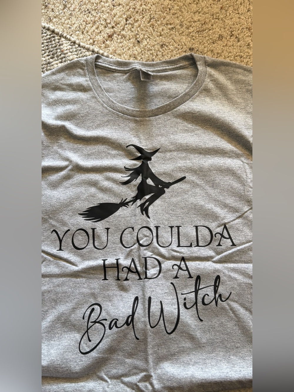 Gildan Heather Gray Short-Sleeve Tee with Black Witch Graphic and Slogan